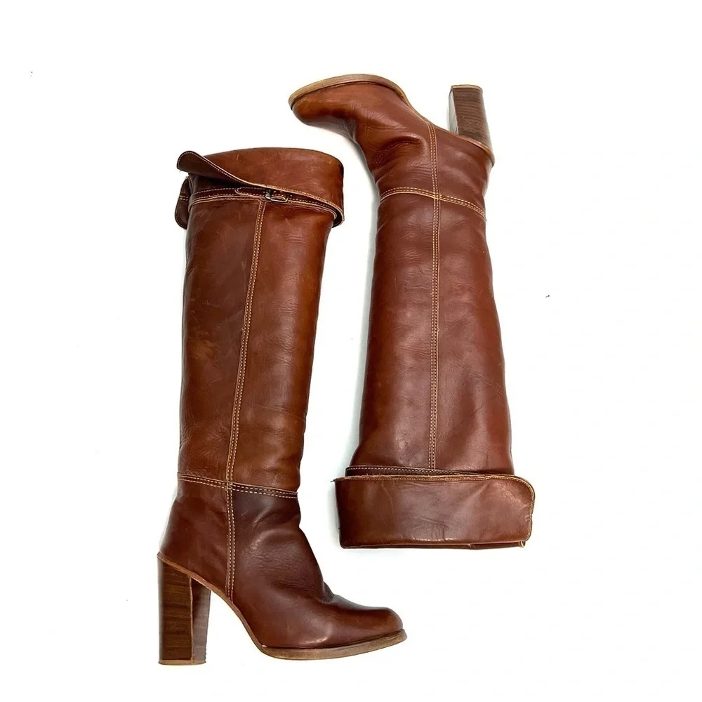 ZODIAC | Vintage 1970s brown leather over the knee logo fabric heeled boots